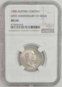 2.ey.AUSTRIA, 1 KORONA 1908 60L.PANOWANIA NGC MS64