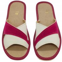 KAPCIE DAMSKIE PANTOFLE SKÓRZANE ODKRYTE KLAPKI DOMOWE BIAŁY-FUKSJA