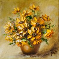 JUDIART obraz olejny na płótnie bukiet kwiaty wazonie żółte RUDBEKIA 20/20