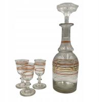 Zestaw karafka z kieliszkami szklane czerwono-złote pasy vintage