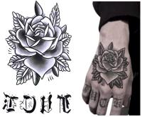 Tatuaż tymczasowy na dłoń pięść palce litery listki kwiat RÓŻA + napis