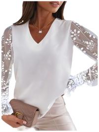 ЖЕНСКАЯ ЭЛЕГАНТНАЯ БЛУЗКА С ДЛИННЫМ РУКАВОМ, КРУЖЕВНАЯ АЖУРНАЯ ВЕЧЕРНЯЯ БЛУЗКА