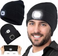 ЗИМНЯЯ ТЕПЛАЯ ШАПКА С USB - ЗАРЯДКОЙ СВЕТОДИОДНЫЙ НАЛОБНЫЙ ФОНАРЬ ЧЕРНЫЙ СПОРТИВНЫЙ