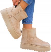 Beżowe Botki Śniegowce Na Platformie Ocieplane Saszki