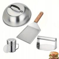 Zestaw Do Hamburgerów 4w1 Prasa Grill Łopatka Pokrywka Stal Nierdzewna BBQ