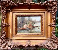 ROMANTYCZNA SCENA NA ŁODZI PIĘKNY OBRAZ NA DESCE Z XIX WIEKU