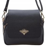 Czarna skórzana torebka listonoszka z pszczołą