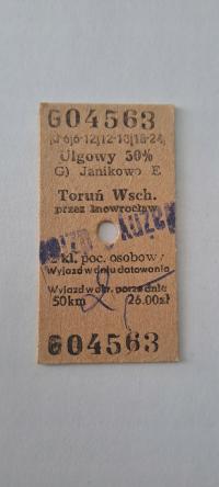 BILET KARTONIKOWY KOLEJOWY PKP JANIKOWO - TORUŃ WSCHODNI / INOWROCŁAW