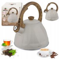 Czajnik KINGHoff 2L kremowy z gwizdkiem indukcja Gaz stal uchwyt drewno