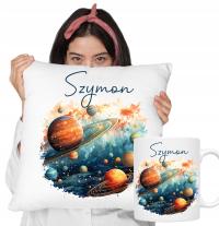 KUBEK + PODUSZKA zestaw z PLANETAMI UKŁAD SŁONECZNY KOSMOS + dowolne imię