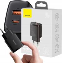 Ładowarka sieciowa Baseus Compact 1x USB-A, 1x USB-C, QC, PD 20W, czarna