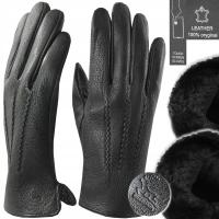 SKÓRZANE RĘKAWICZKI męskie SKÓRA JELENIA + GRUBE CZARNE FUTRO DOTYKOWE