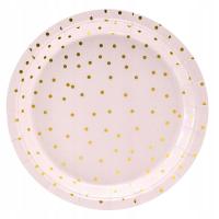 Бумажные тарелки розовые в горошек золотые 18 см 6 шт на день рождения годовалый