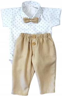 KOMPLET wizytowy z lnianymi spodniami zestaw komplecik 62 cm len +2m