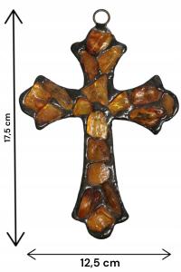 Krzyż witrażowy z naturalnego bursztynu, jasno-miodowy, ręcznie wykonany