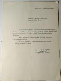 Dokument podziękowanie Sekretarzowi NOT za darowiznę 1980 J.L