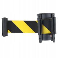 Kolejka bezpieczeństwa o długości 3 metrów zwijana za pomocą pasków ściennych, zamocowana na czarno i żółto