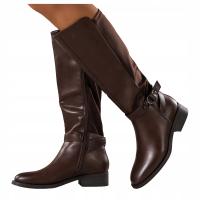 KOZAKI Czekoladowe Damskie WYGODNE Na Klocku Elastyczna Cholewka MODNE