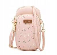 Torebka skórzana mała kopertówka na telefon w kwiatuszki różowa eko skóra