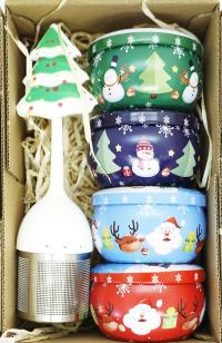 ŚWIĄTECZNY ZESTAW 4 herbaty w kolorowych puszkach i zaparzacz na prezent