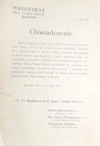 1924 MAGISTRAT KRÓL. GÓRN. M. BOCHNI –OŚWIADCZENIE