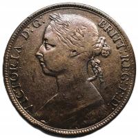 Jednopensowa moneta brytyjska z 1891 roku, panowanie Królowej Viktorii.