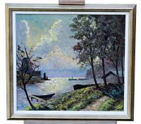 Finn Wennerwald - pejzaż z łodziami - obraz olejny, sygnowany, z ramą