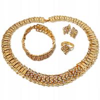 Złoty komplet biżuterii ślubnej szeroka pozłacana kolia elegancki wzór