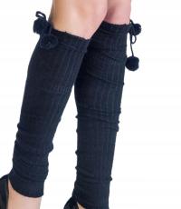 Getry ocieplacze damskie z pomponami czarne angora wełna Marilyn