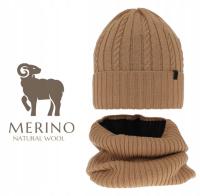 Agbo Czapka Komin Komplet Zestaw na zimę 48-50 cm WEŁNA MERINO Karmelowa