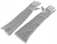 Długie rękawiczki wizytowe tiulowe z perełkami