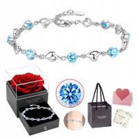 BRANSOLETKA Srebrna Damska DIAMENTOWANA Włoska Serce CYRKONIA Niebieska