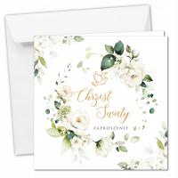 Приглашения на Крещение с конвертом готовые белые цветы FJ09