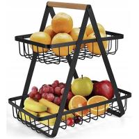 МЕТАЛЛИЧЕСКАЯ ЧЕРНАЯ КОРЗИНА ДЛЯ ФРУКТОВ, ДВУХУРОВНЕВАЯ СТОЙКА, ОРГАНАЙЗЕР, ЛОФТ, ДЕРЕВО