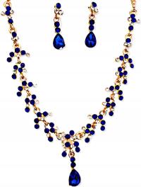 Złoty komplet biżuterii pozłacana kolia na ślub z kolczykami szafirowe