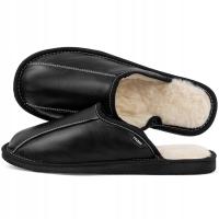 Kapcie męskie czarne ciepłe ocieplane skórzane pantofle wełniane 40-46