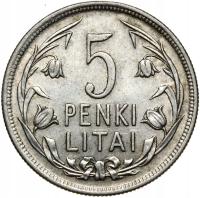 + Litwa - 5 Penki Litai Litów 1925 - KOŃ POGOŃ - Srebro - STAN !