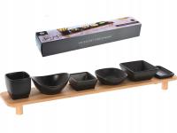 Керамические черные тарелки для закусок 6 шт. - на бамбуковом подносе