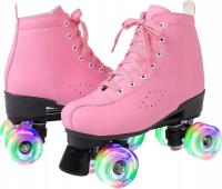 Wrotki retro vintage z eco skóry różowe r 39 świecące LED