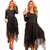 Olśniewająca WIZYTOWA Elegancka SUKIENKA Midi Tiul Falbany Cyrkonie Dżety