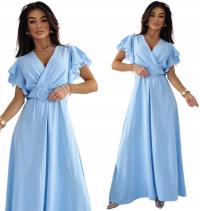 Длинное платье струящееся элегантное с широким поясом голубое макси коктейльное платье