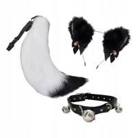 Kocie uszy opaska na głowę kołnierz i ogon zestaw miękki kostium na festiwale biały