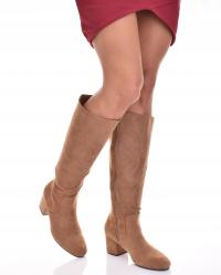 DAMSKIE KOZAKI ZAMSZOWE NA OBCASIE BRĄZOWE PRZED KOLANO ELEGANCKIE