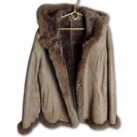 Naturalny skórzany ciepły zimowy brązowy damski kożuch z kapturem futro