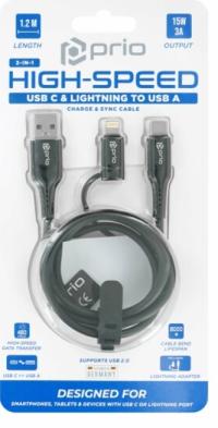 Kabel 2w1 USB C i Lightning na USB A 3A 1,2 m