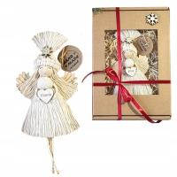 ANIOŁEK MAKRAMA W CZAPCE ZAWIESZKA W PUDEŁKU OZDOBA NA CHOINKĘ Z IMIENIEM