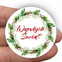 Naklejki świąteczne WESOŁYCH ŚWIĄT na prezenty, paczki 120 szt. wieniec