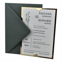 Свадебные приглашения, золотые зеркальные с зеленым конвертом примеры реализации