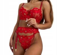 BIELIZNA DAMSKA KOMPLET 3W1 DLA KOBIET KORONKOWA CZERWONA