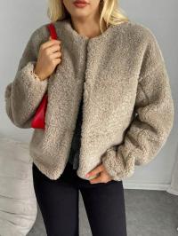 BEŻOWE SZTUCZNE FUTERKO KURTKA KLASYCZNA LUŹNA BEZ ZAPIĘCIA SHEIN 36